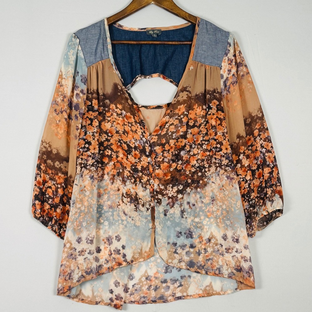 Lily Rose Floral Blouse Womens XL Orange Brown Boho Cutout Back Made in USA EX